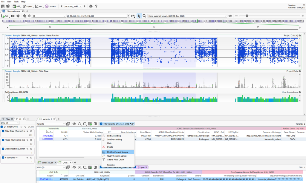 Figure 2. CNV plot from imported calls that don't have Zscore and Ratio so utilizes VAF values to asses a region of loss of heterozygosity.